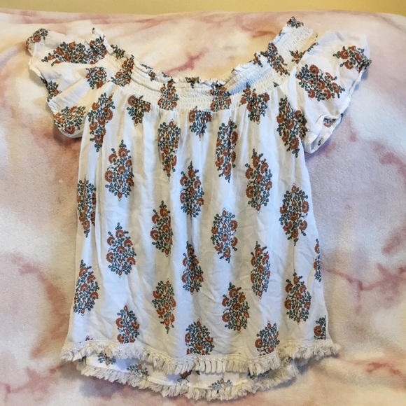 Exhilaration Bohemian Fringe Hem Peasant Blouse Size Medium Short Sleeve Resale - Picture 9 of 16